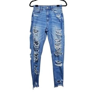 American Eagle Womens Blue Distressed Mom Jean Denim Jeans Size 00